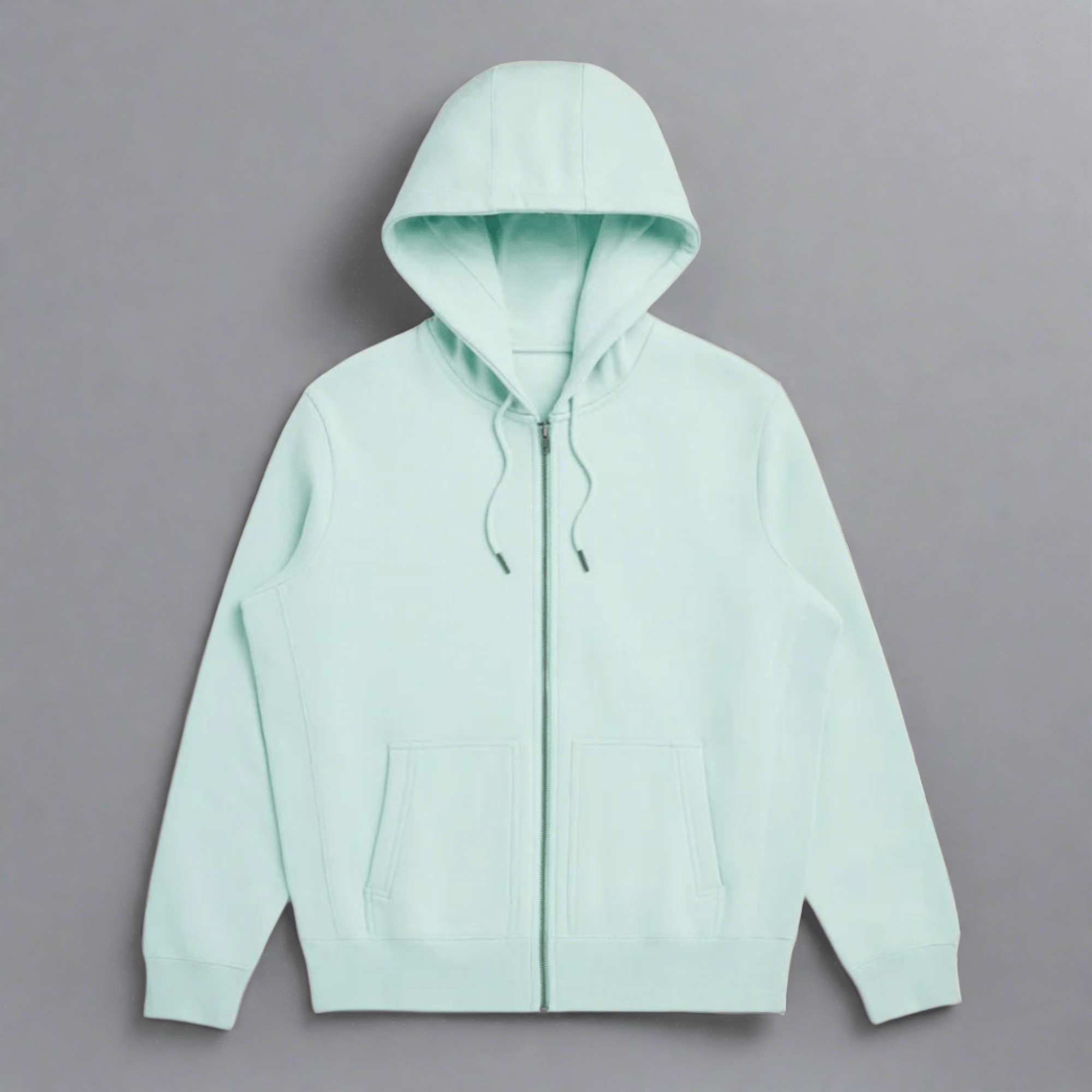 A tourmaline green zip-up hoodie with a hood, made from organic cotton, featuring a premium metal zipper.