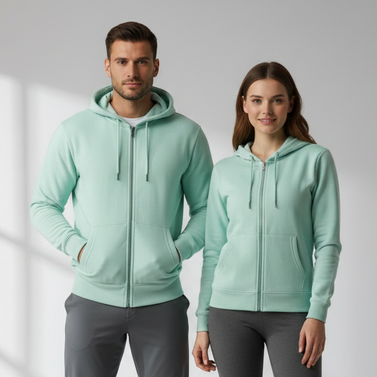 Two people wearing matching green hoodies and gray pants on a light background