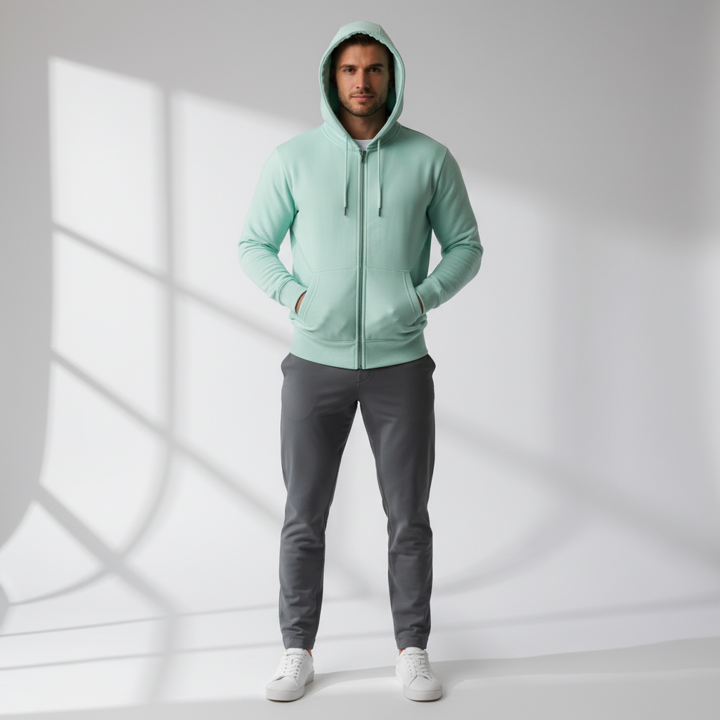 A tourmaline green zip-up hoodie with a hood, made from organic cotton, featuring a premium metal zipper.