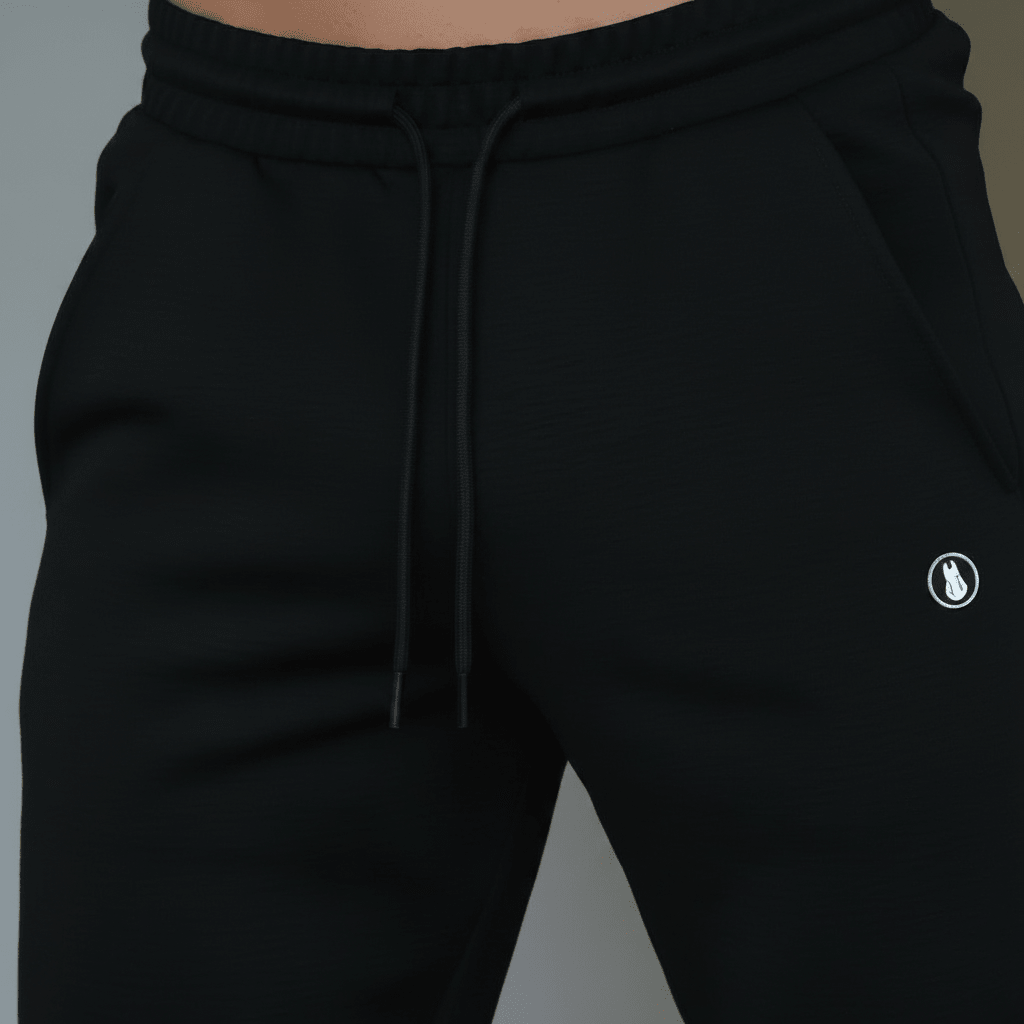 White textured athletic jogger shorts with a white drawstring and a small circular logo on the left thigh, shown on a model.