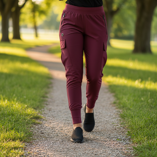 Maroon jogger pants worn by a person on a light gray background