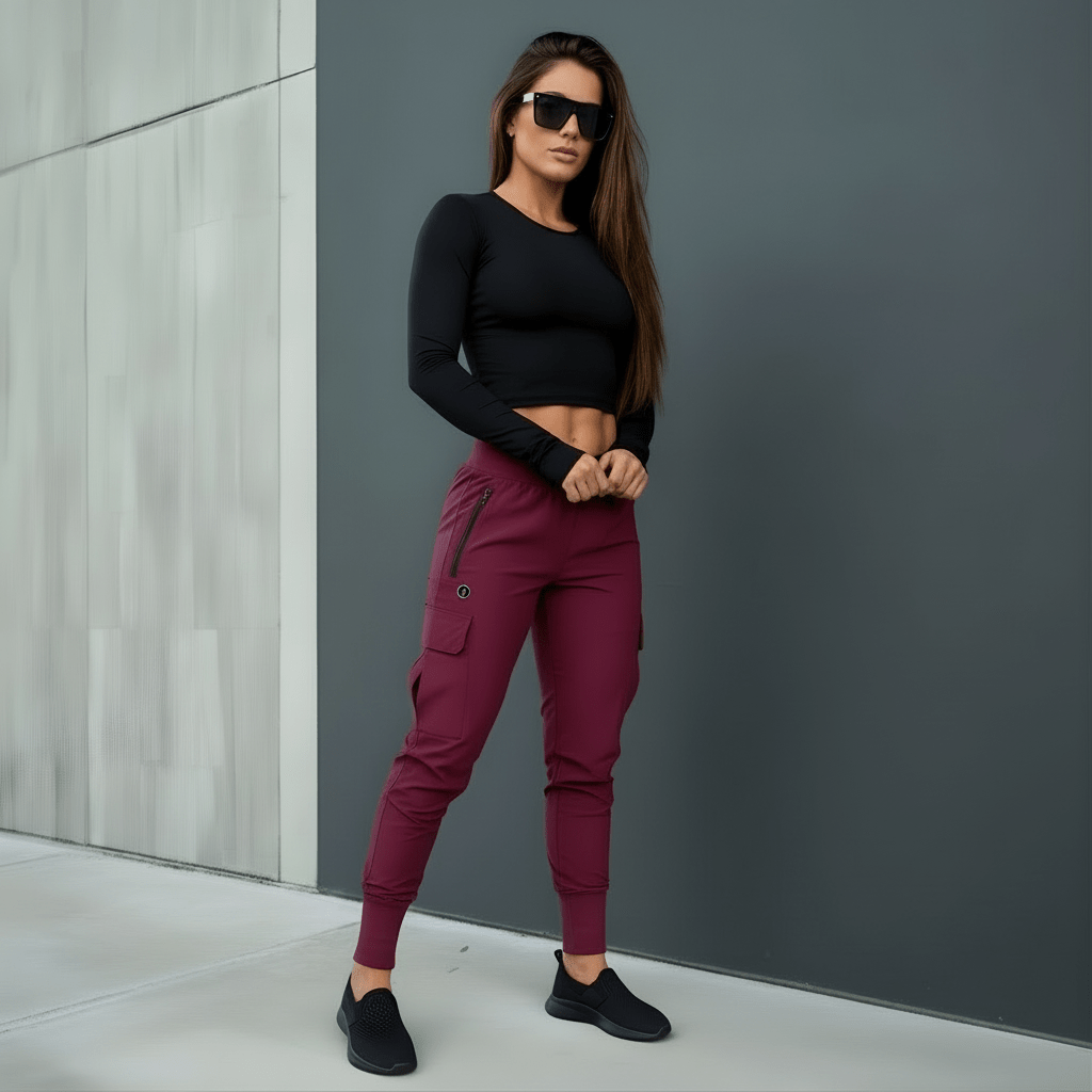 Woman in black long-sleeve top and maroon jogger pants standing against a gray wall.