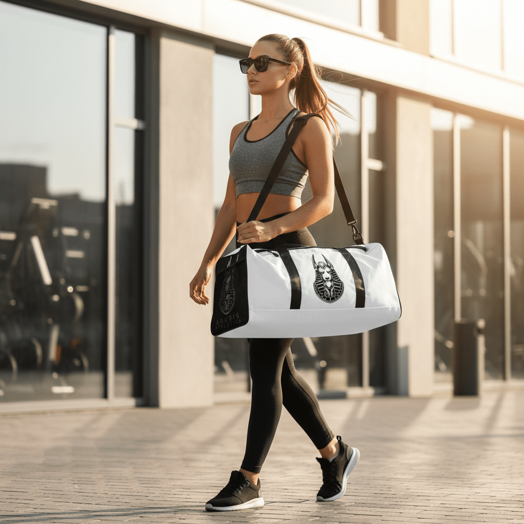 Woman in fitness apparel holding a large white gym bag with a picture of Anubis in the middle of the bag. 