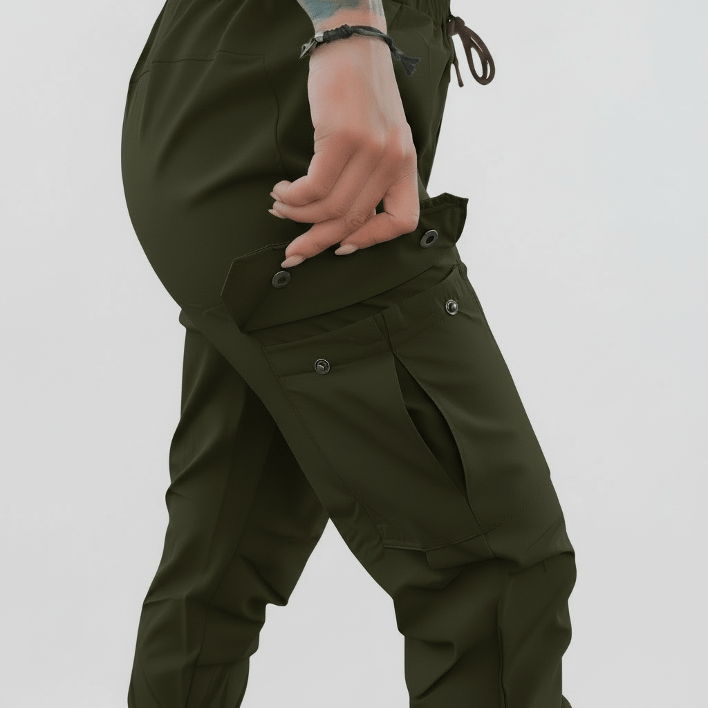 Green cargo pants worn by a person on a light gray background