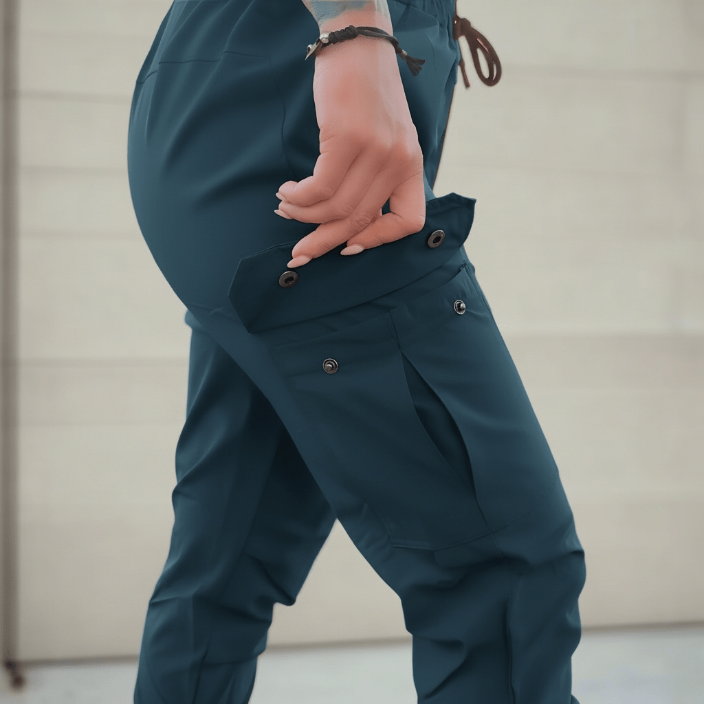 Person wearing teal pants with a neutral background