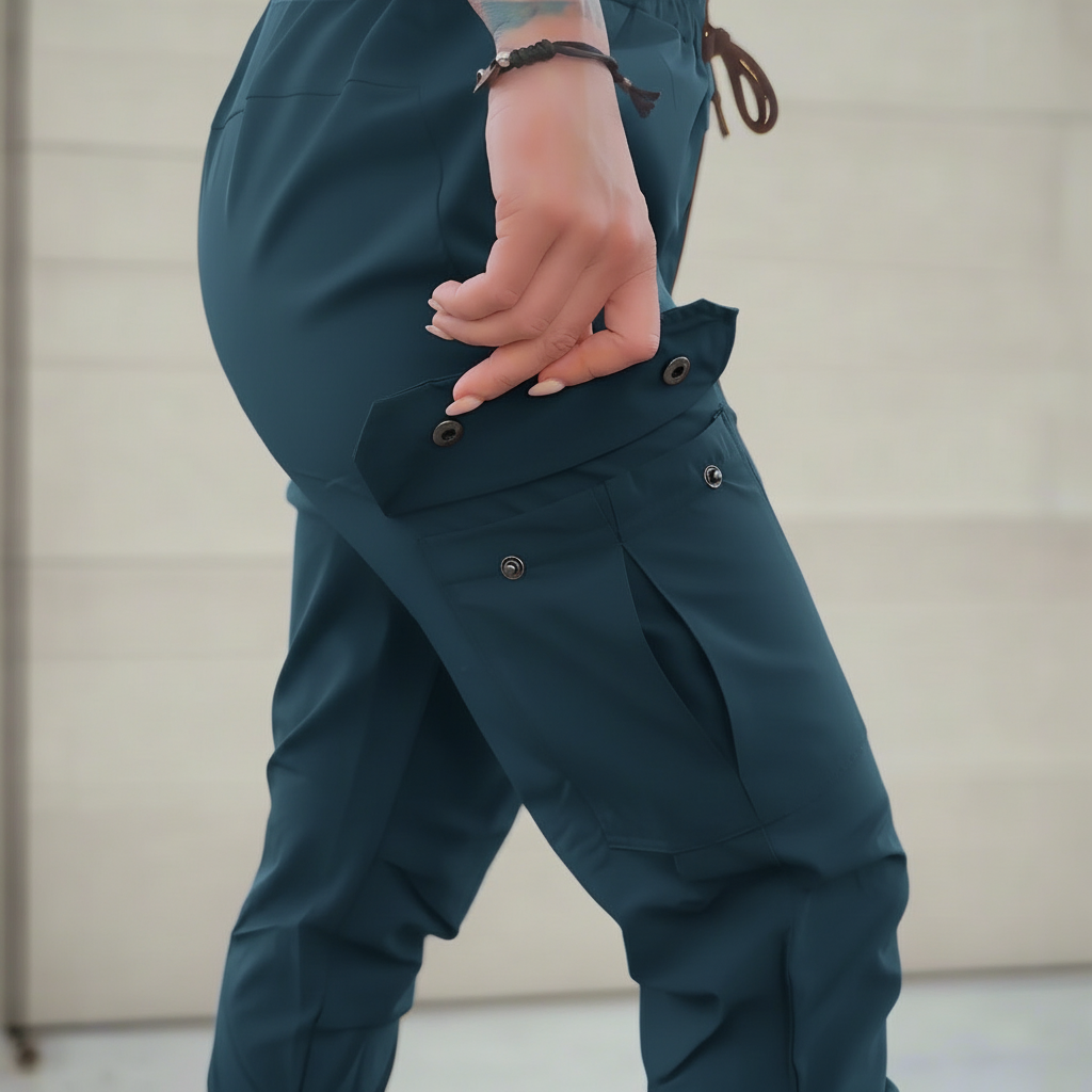 Person wearing teal pants with a neutral background
