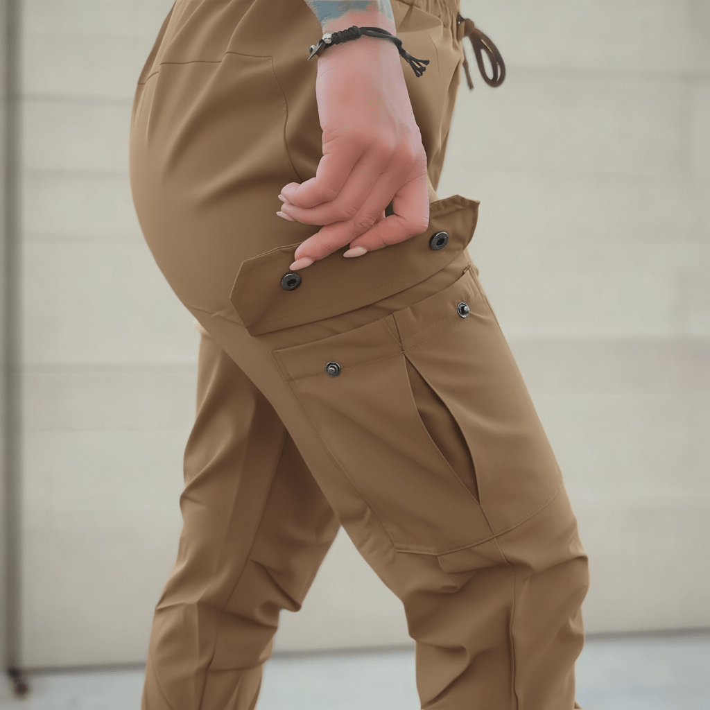 Close-up of beige pants with a blurred background