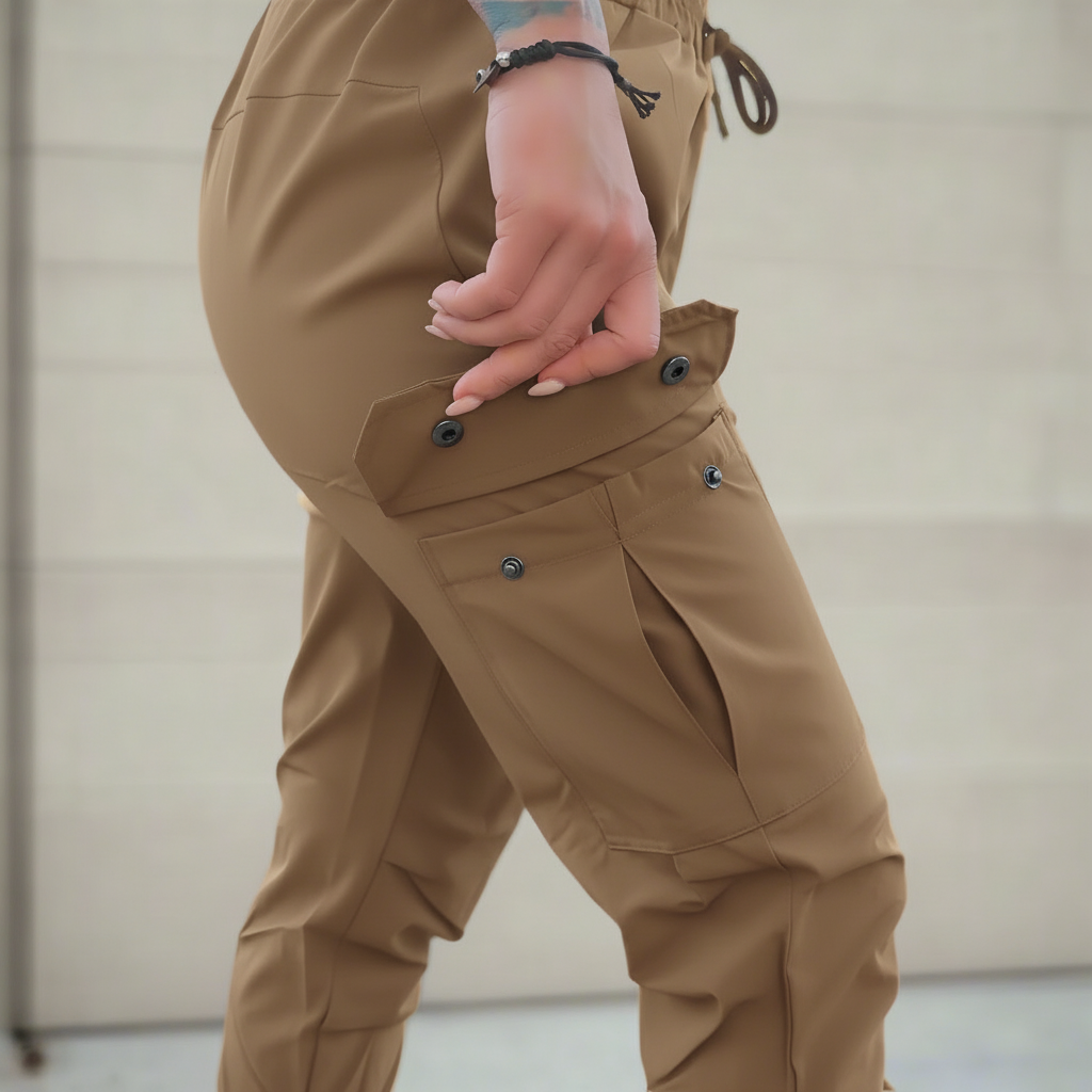 Close-up of beige pants with a blurred background