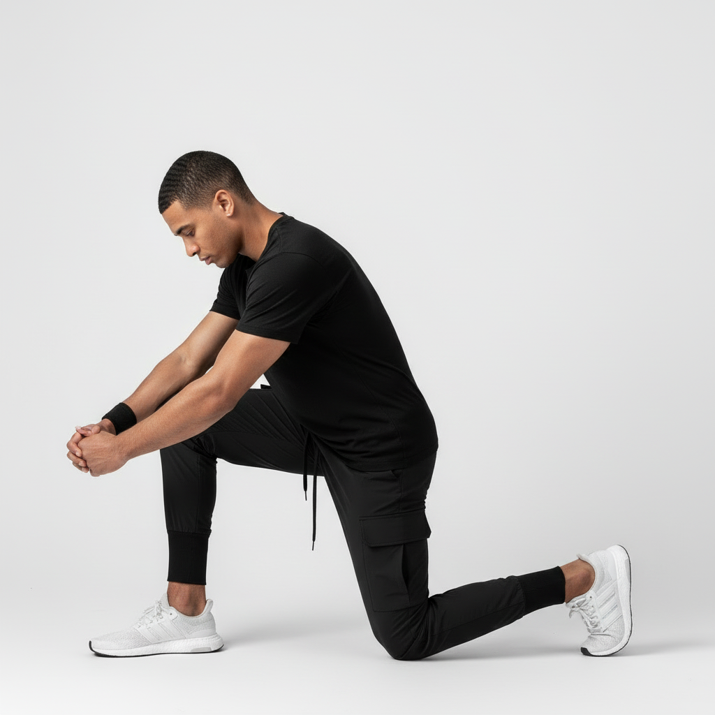 Man in black athletic wear stretching on a light gray background