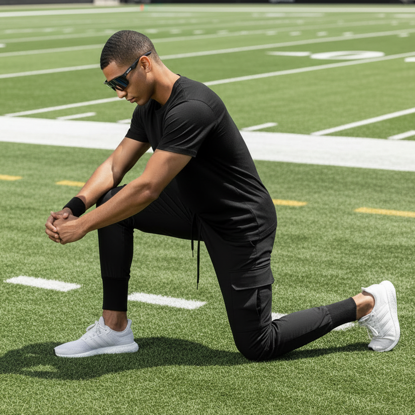 Man in black athletic wear stretching on a light gray background