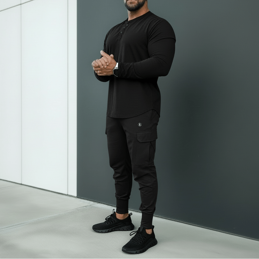 Man wearing a black outfit standing against a gray wall.