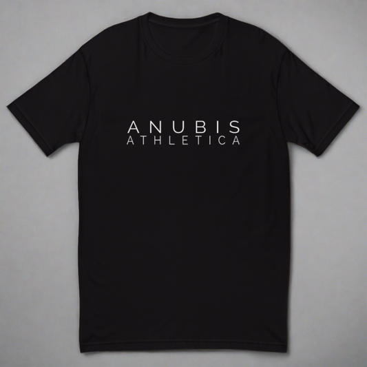 Fitted tee shirt in with the name Anubis Athletica on the front in white. Shirt is color black