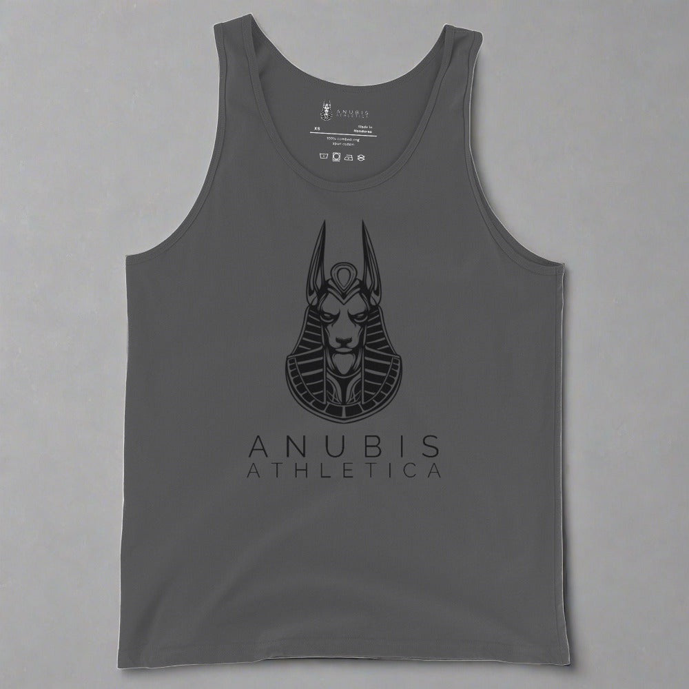 Tank top with the logo of Anubis Athletica in black print in the center. Tank top in asphalt gray