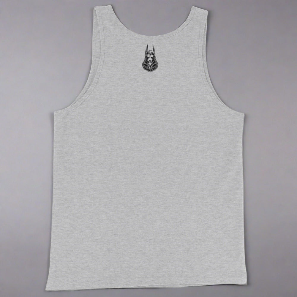 Tank top with the logo in a small print on the back. Shirt is color heather