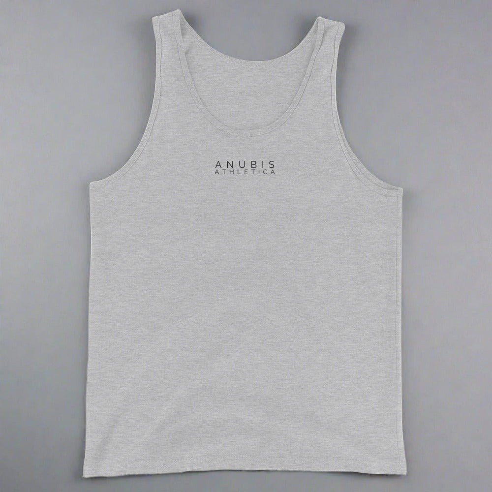 Tank top with the logo in a small print on the front. Shirt is color heather grey