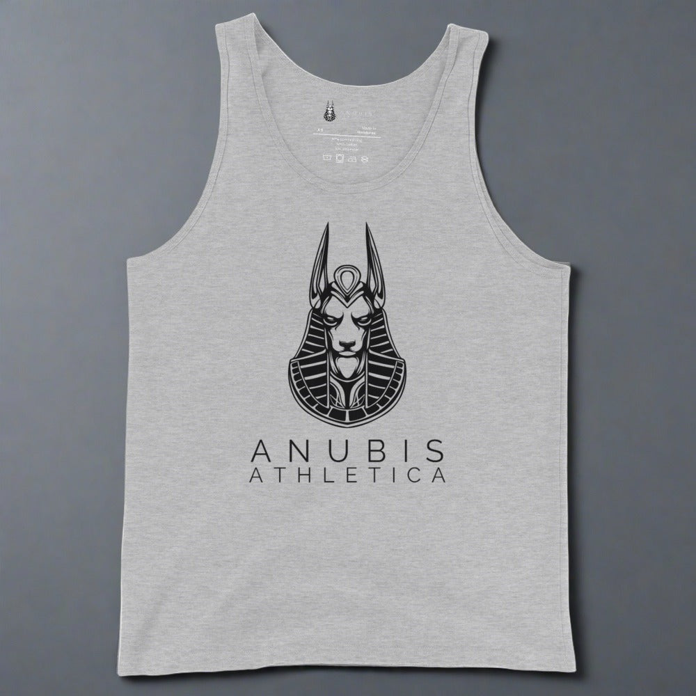 Tank top with the logo of Anubis Athletica in black print in the center. Tank top in light gray