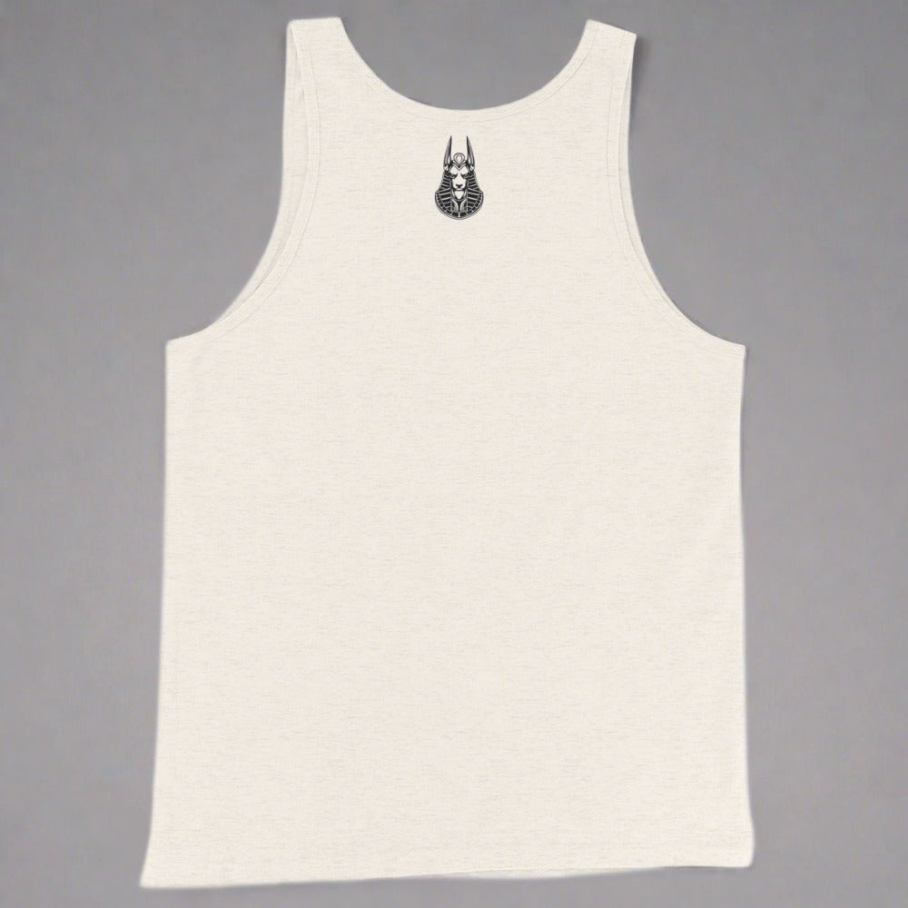 Tank top with the logo in a small print on the back. Shirt is color oatmeal