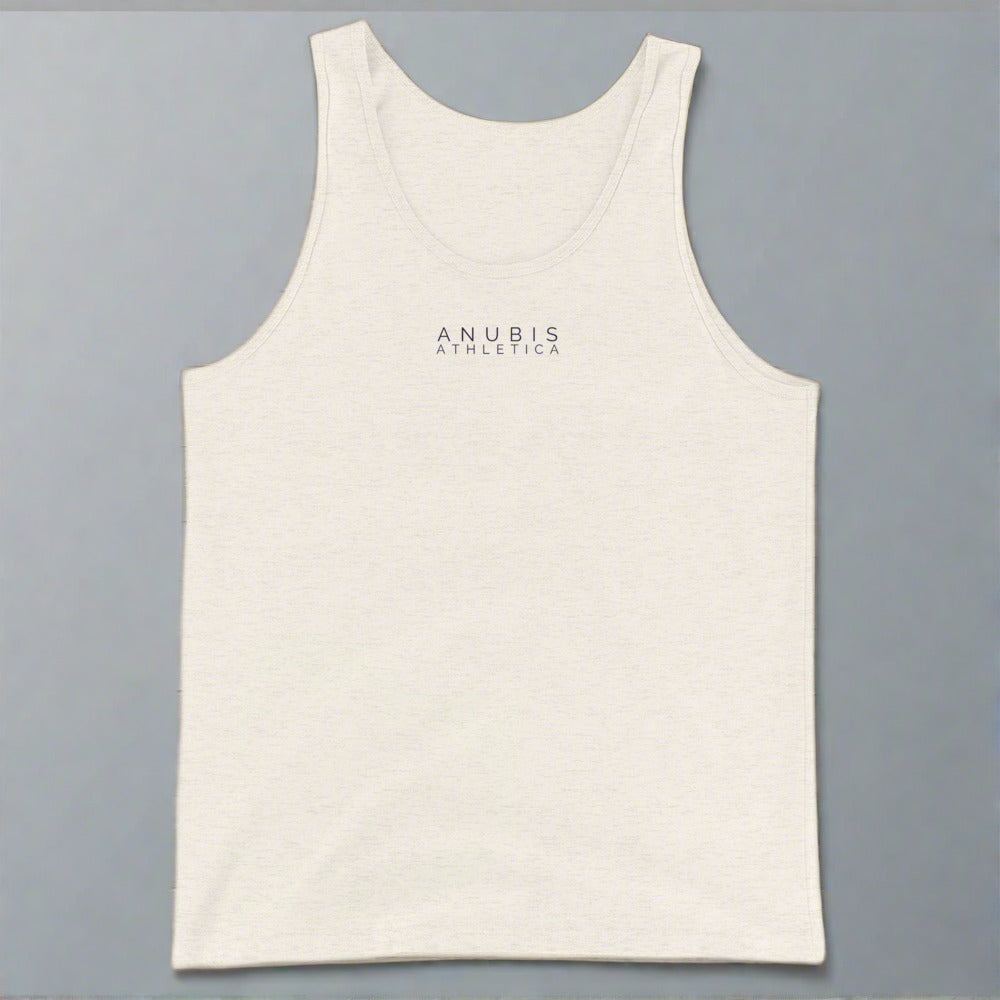 Tank top with the logo in a small print on the front. Shirt is color oatmeal