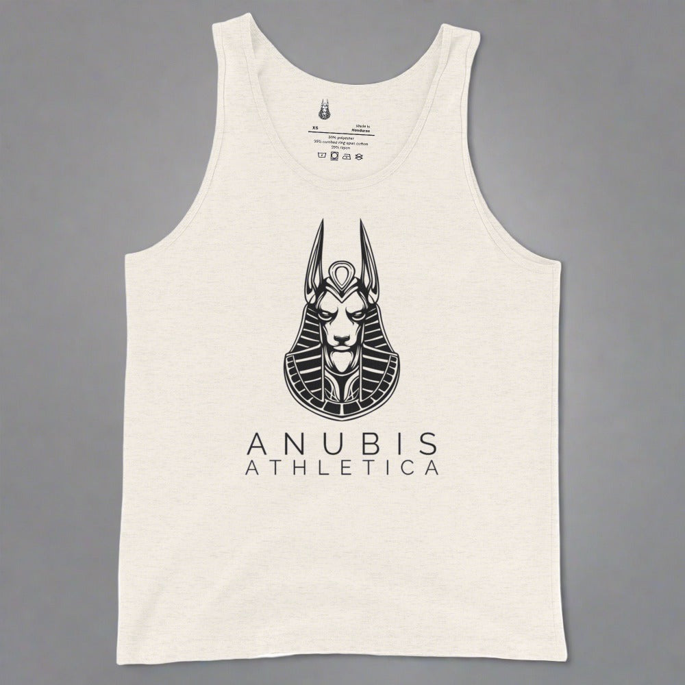 Tank top with the logo of Anubis Athletica in black print in the center. Tank top in oatmeal