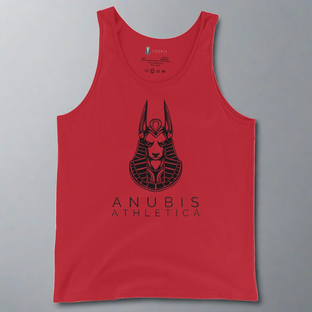 Tank top with the logo of Anubis Athletica in black print in the center. Tank top in deep red