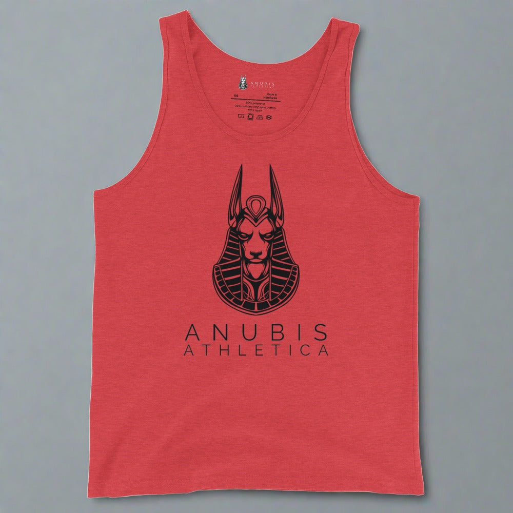 Tank top with the logo of Anubis Athletica in black print in the center. Tank top in red. 