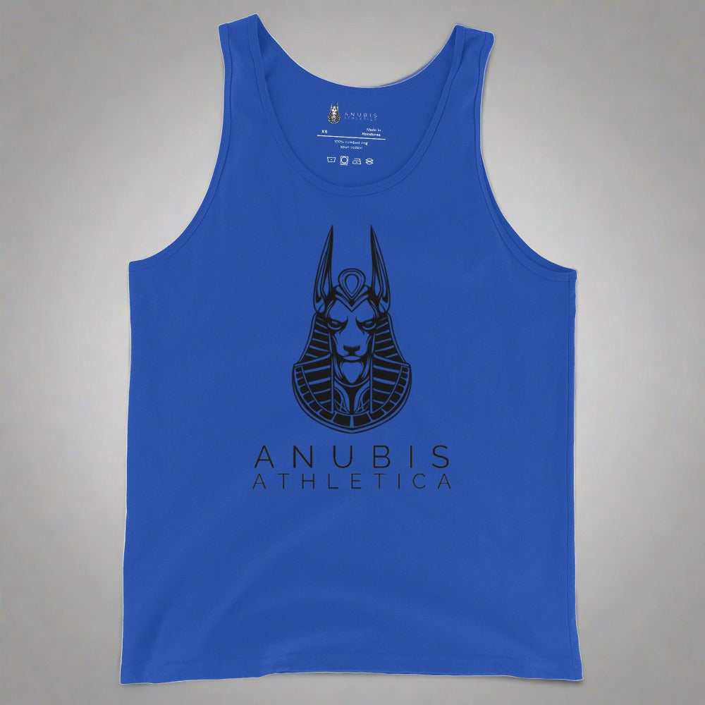 Tank top with the logo of Anubis Athletica in black print in the center. Tank top in royal blue