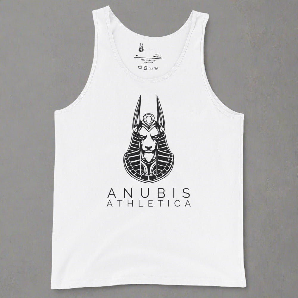 Tank top with the logo of Anubis Athletica in black print in the center. Tank top in whtie