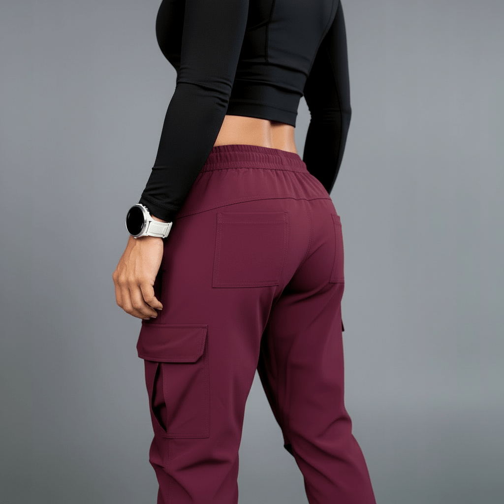 Person wearing maroon cargo pants and a black long-sleeve top on a gray background