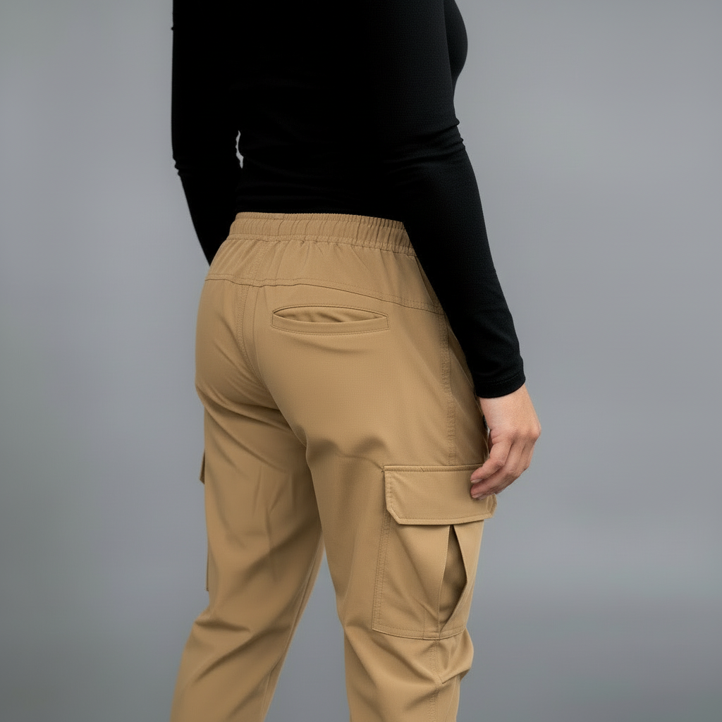 Person wearing beige cargo pants on a gray background