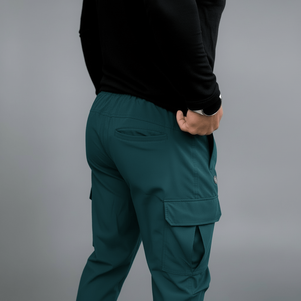 Person wearing teal cargo pants with a gray background