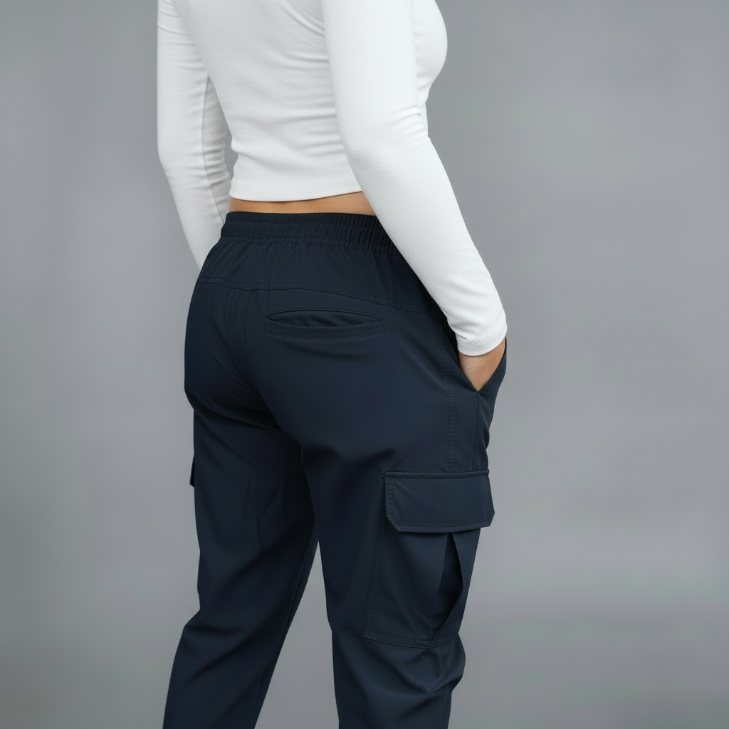 Person wearing navy cargo pants and a white long-sleeve top on a gray background