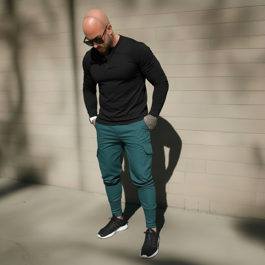 Man wearing a black shirt, teal cargo pants, and black sneakers against a concrete wall.