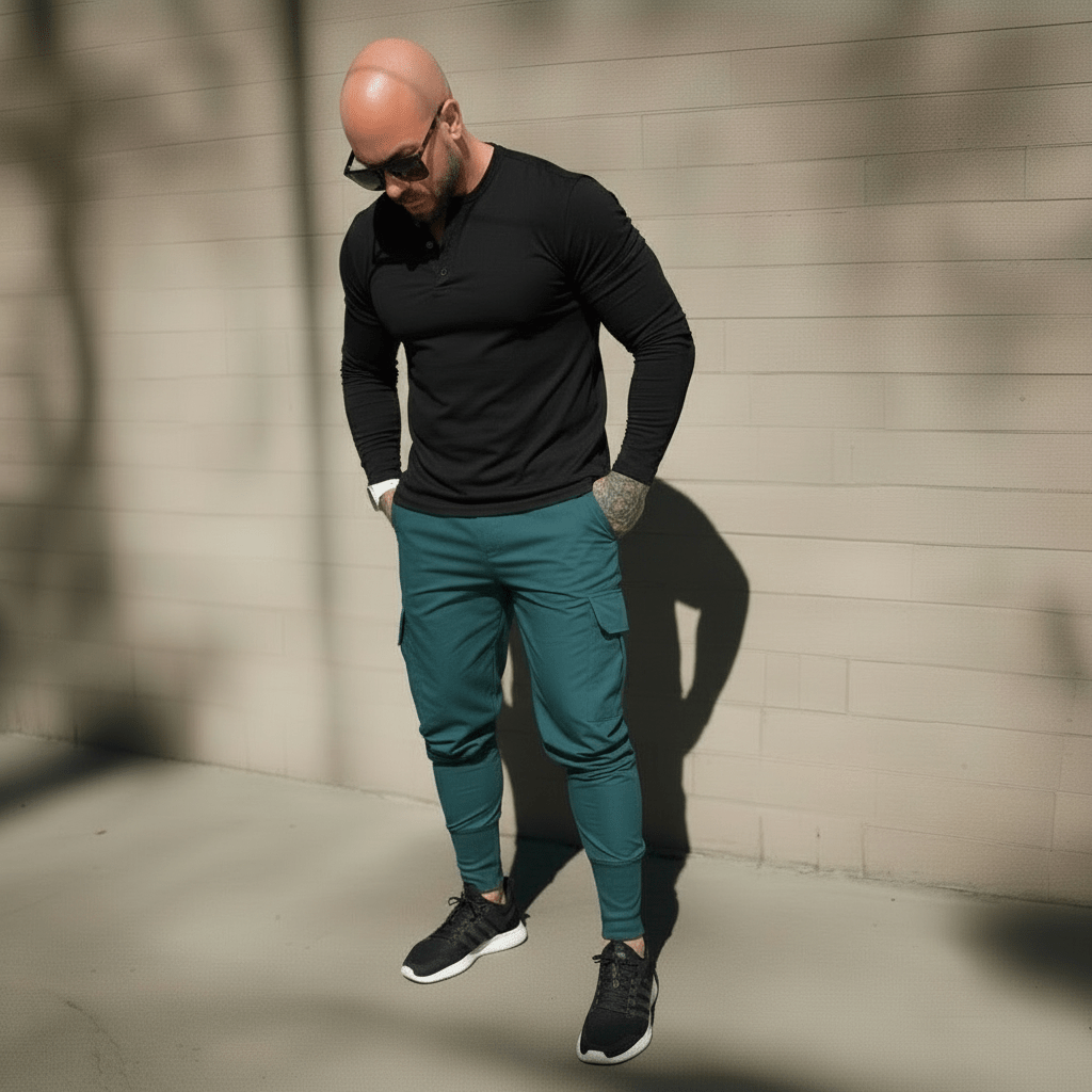 Man wearing a black shirt, teal cargo pants, and black sneakers against a concrete wall.