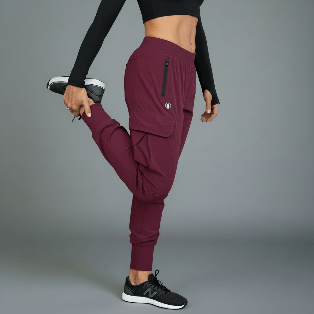 Person wearing maroon jogger pants with a black top on a gray background