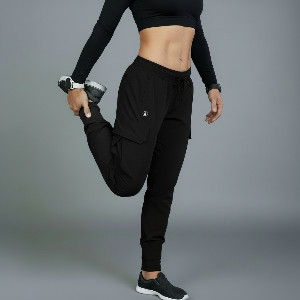 Person wearing black athletic pants and top on a gray background