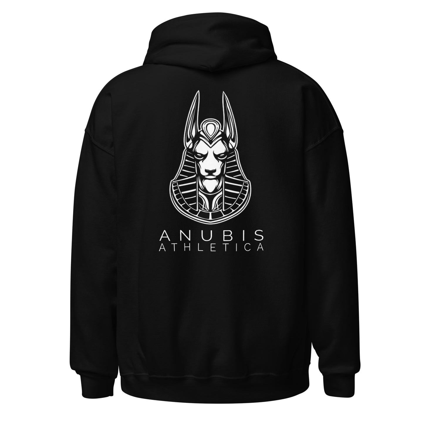 Pull over hoodie sweater with the picture of Anubis and the name Anubis Athletica in white text on the back. Hoodie is color black