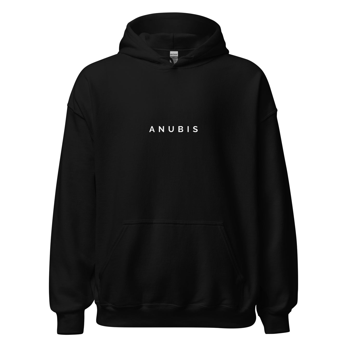 Pull over hoodie sweater with the word Anubis in white text on the front. Hoodie is color black