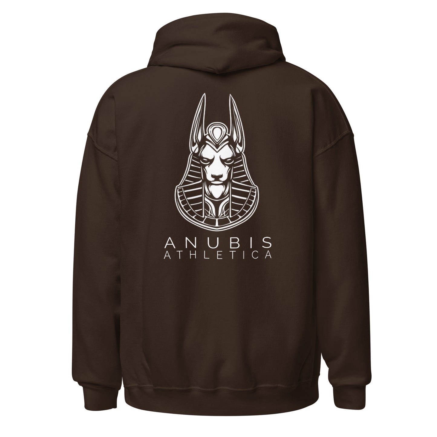 Pull over hoodie sweater with the picture of Anubis and the name Anubis Athletica in white text on the back. Hoodie is color chocolate