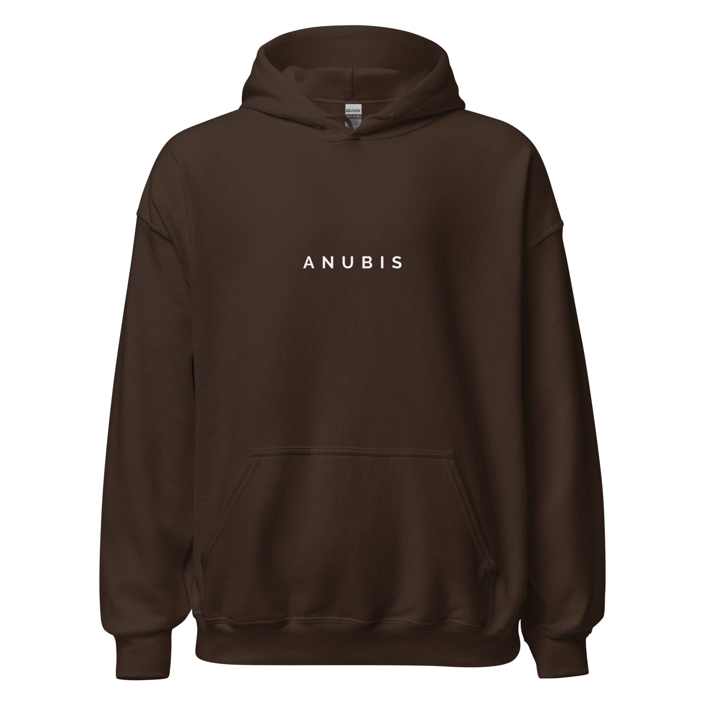 Pull over hoodie sweater with the word Anubis in white text on the front. Hoodie is color chocolate