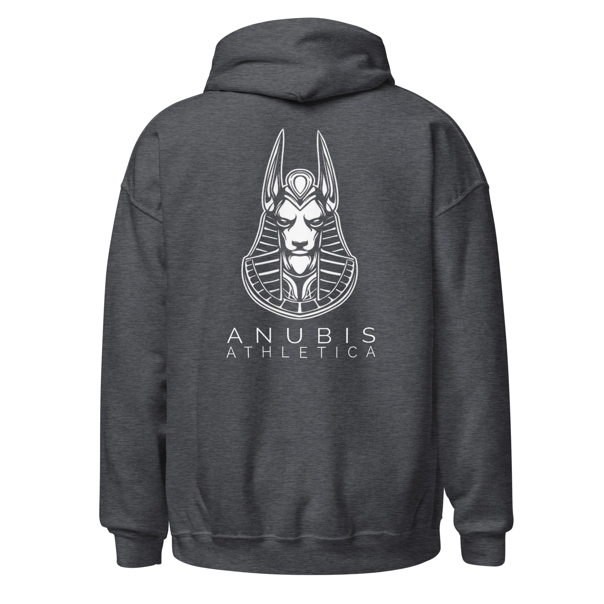 Pullover hoodie with the name Anubis Athletica below a picture of Anubis in white print on the back. Hoodie is color dark heather gray