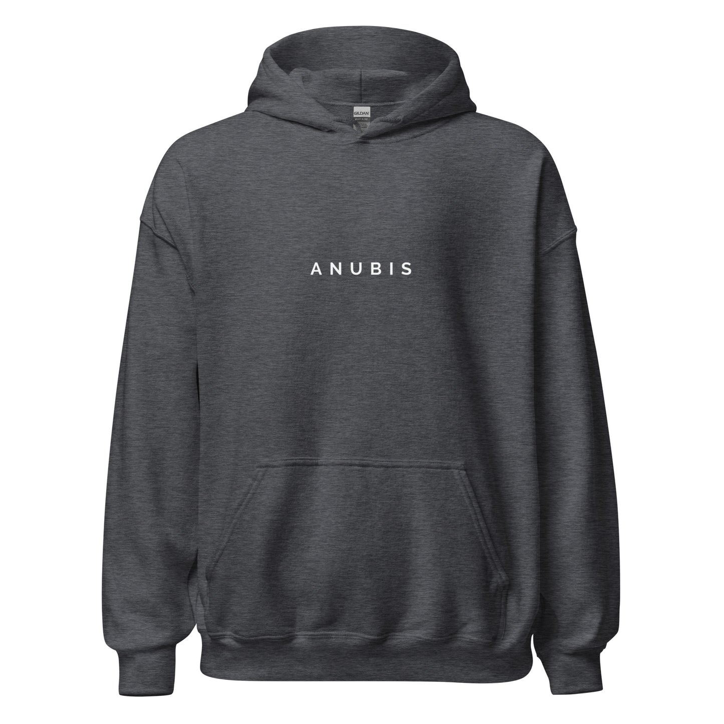 Pullover hoodie with the name Anubis in white print on the front. Hoodie is color dark heather gray