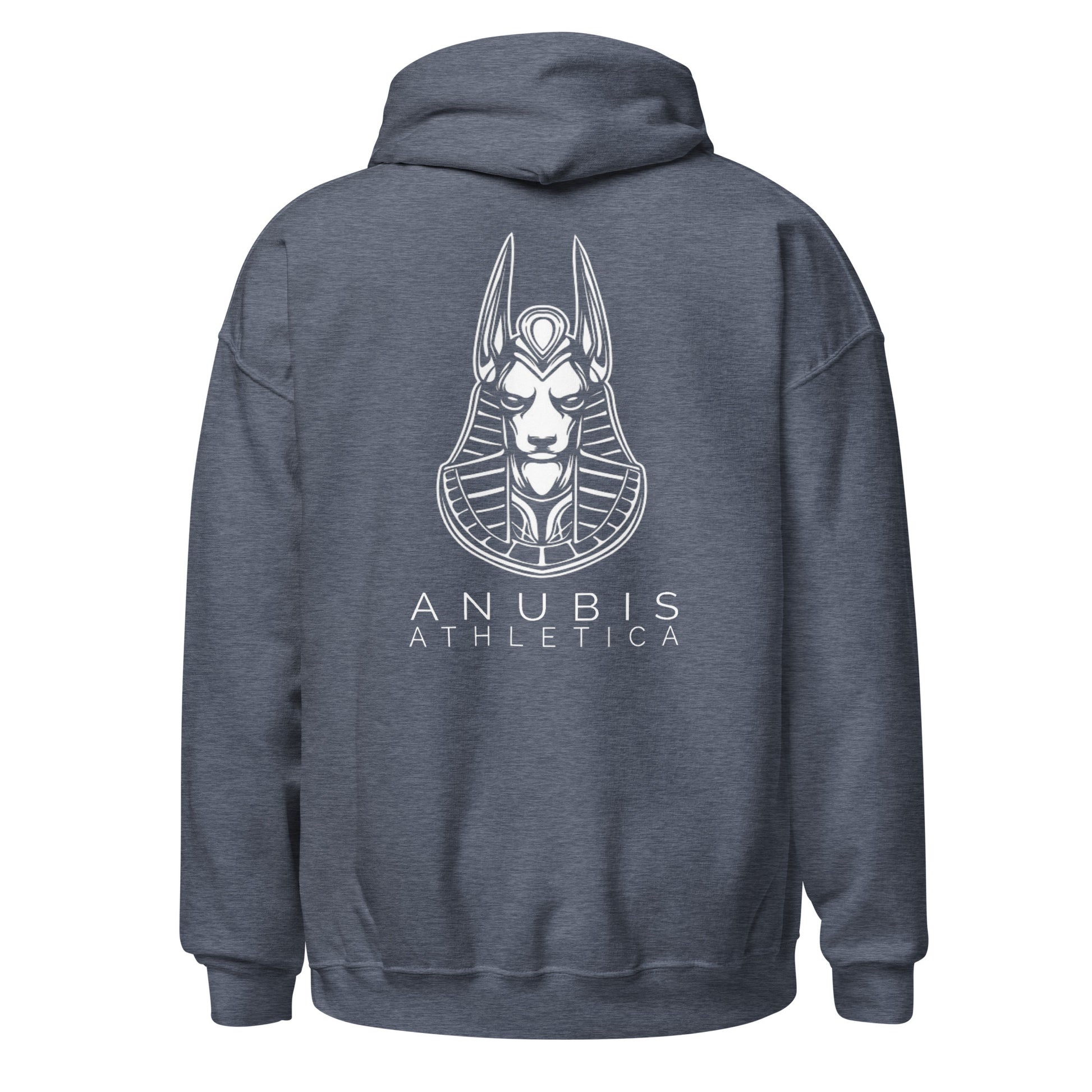 Pullover hoodie with the name Anubis Athletica below a picture of Anubis in white print on the back. Hoodie is color heather dark navy