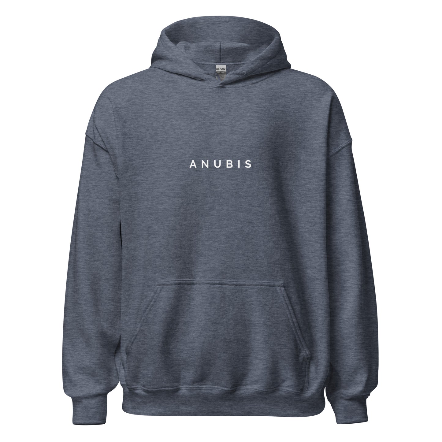 Pullover hoodie with the name Anubis in white print on the front. Hoodie is color dark navy gray