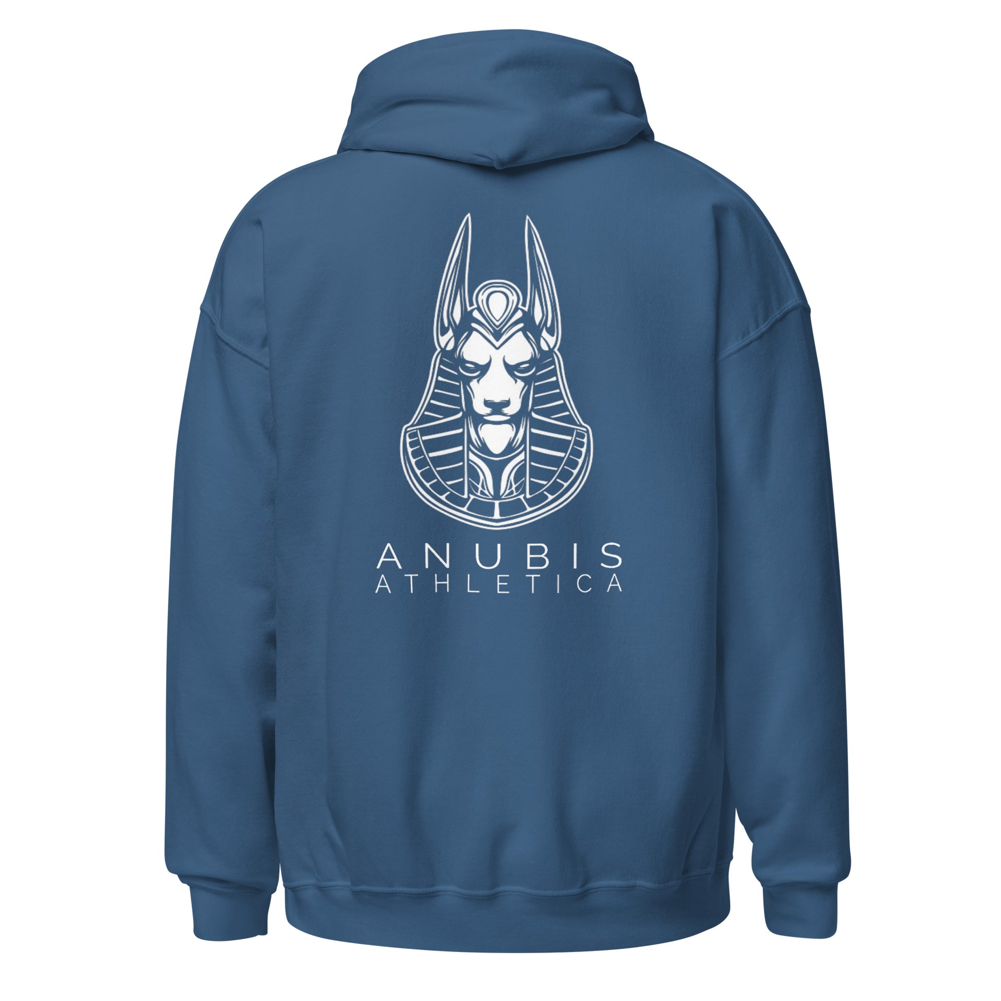 Pullover hoodie with the name Anubis Athletica below a picture of Anubis in white print on the back. Hoodie is color Indigo blue