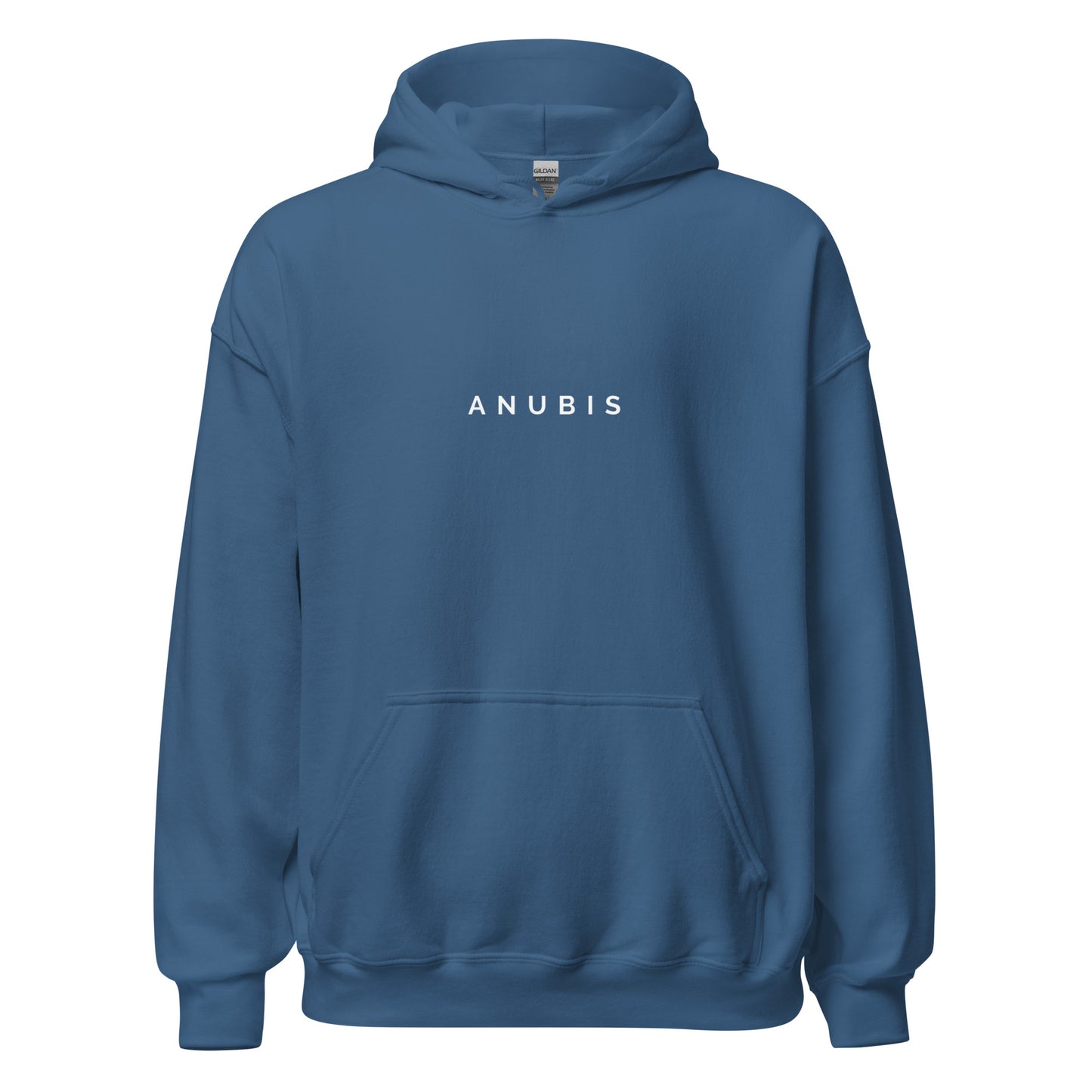 Pullover hoodie with the name Anubis in white print on the front. Hoodie is color indigo blue