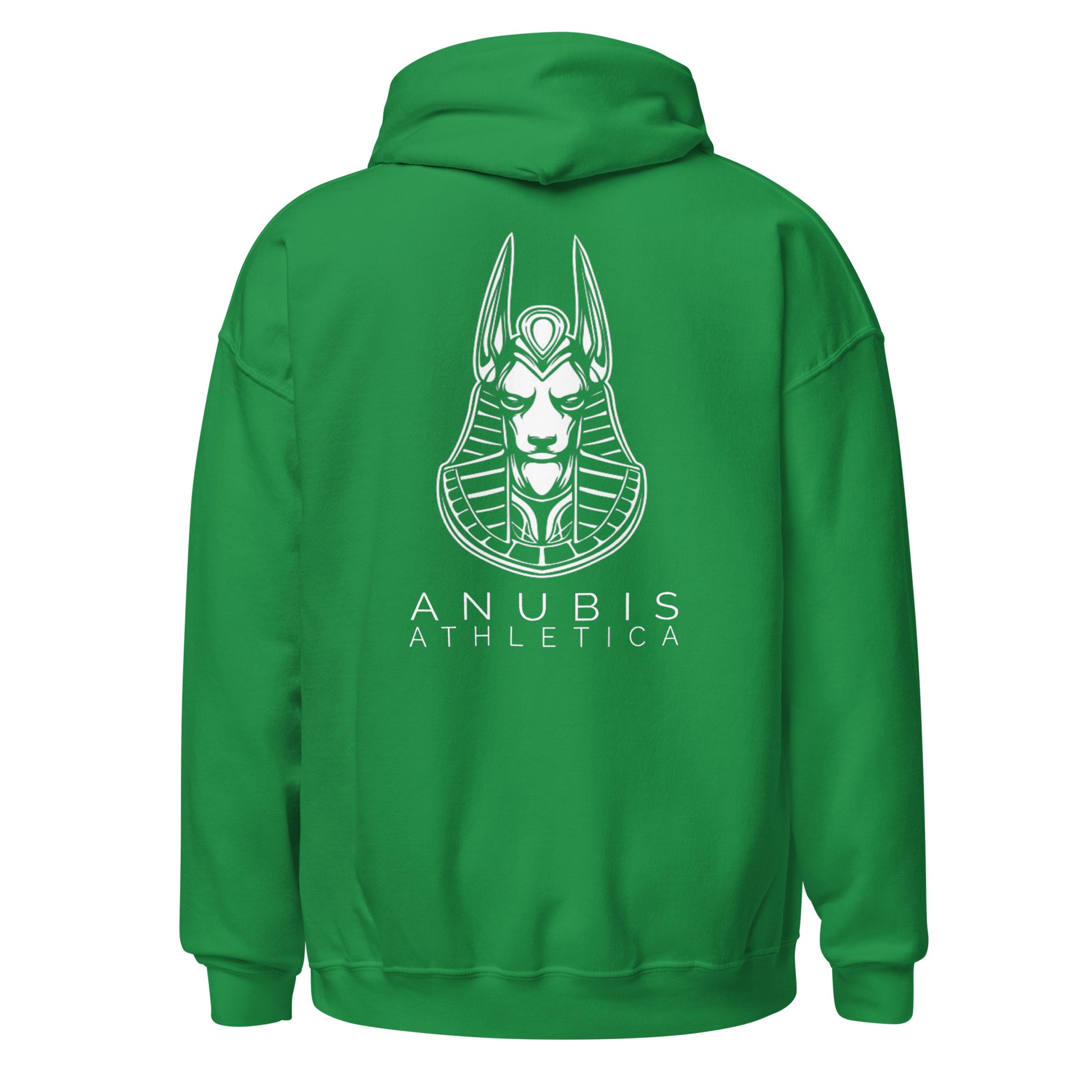 Pullover hoodie with the name Anubis Athletica below a picture of Anubis in white print on the back. Hoodie is color Irish green