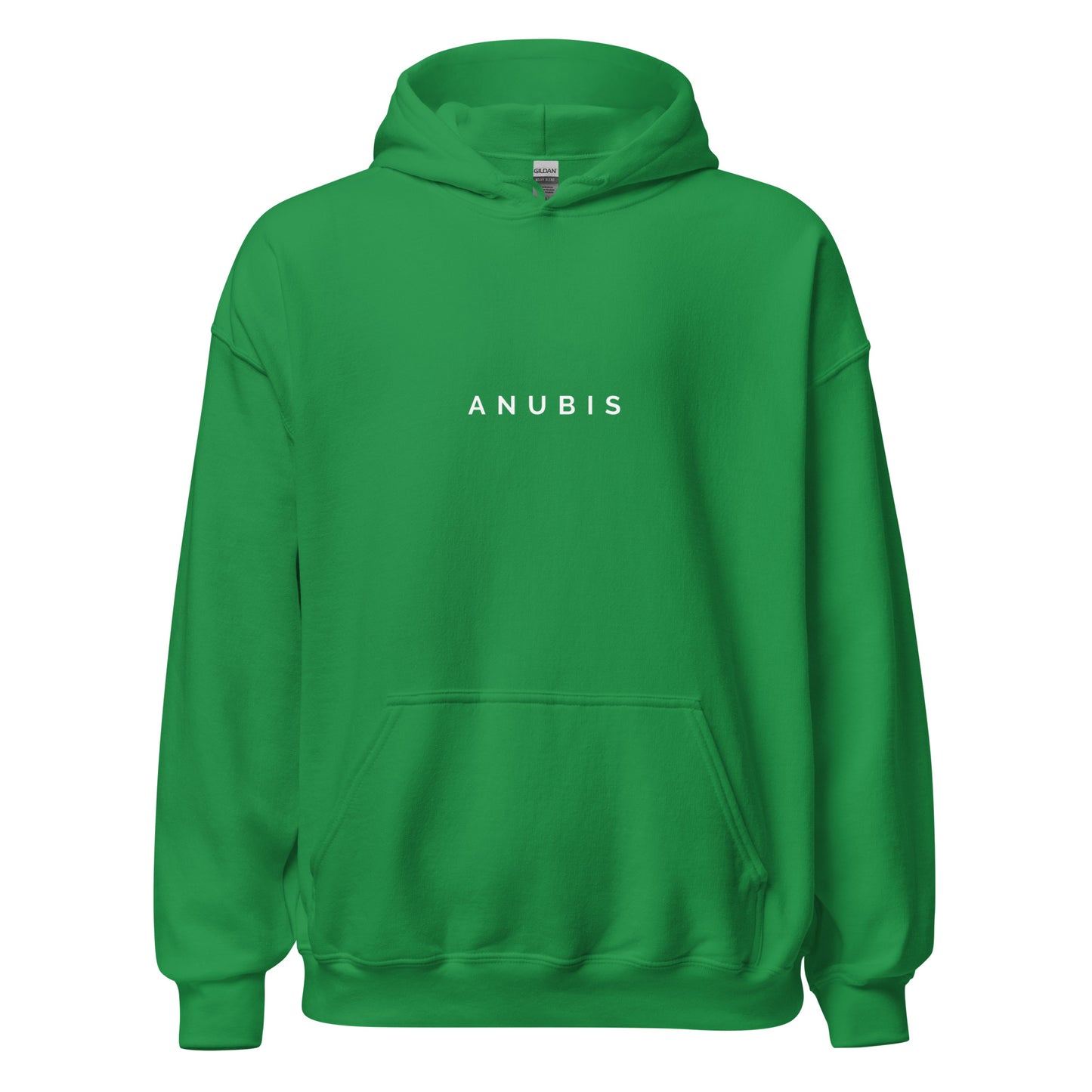 Pullover hoodie with the name Anubis in white print on the front. Hoodie is color Irish green