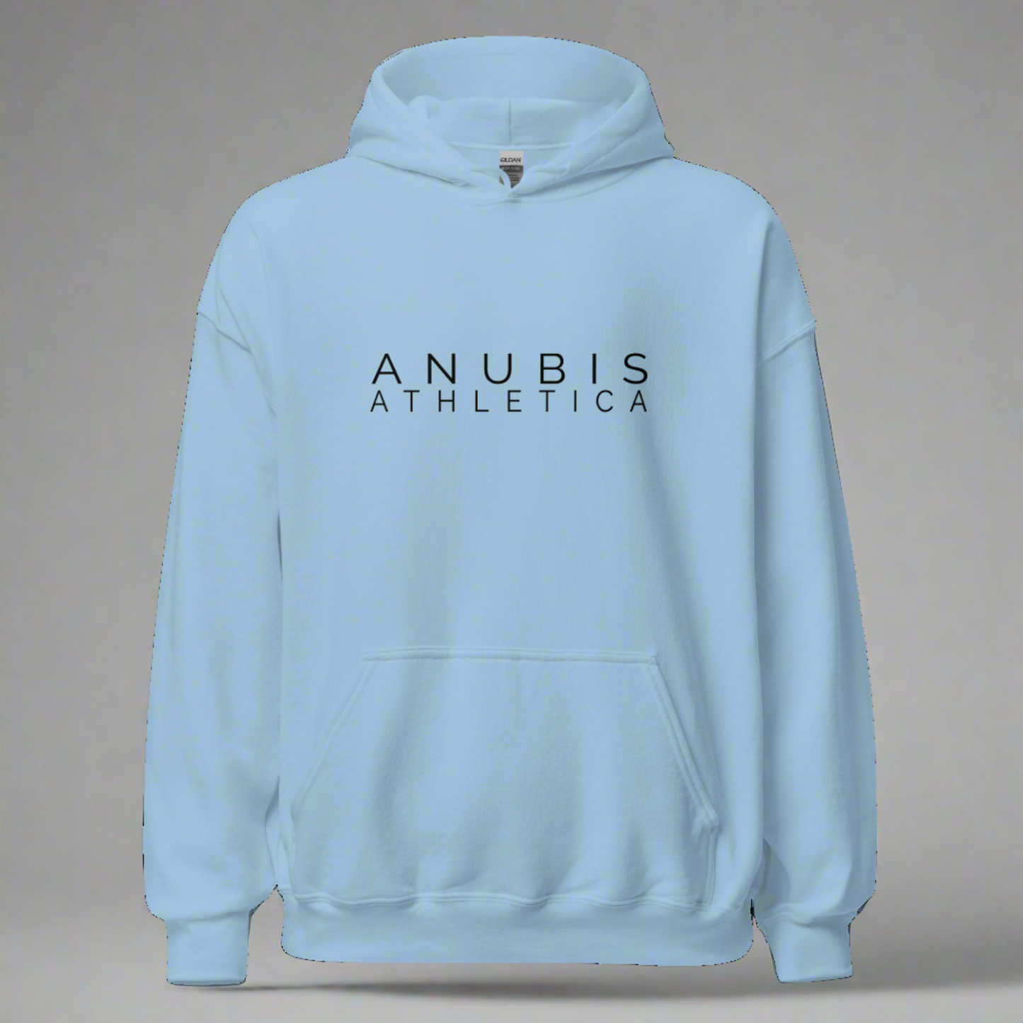 A pull over hoodie with the words Anubis Athletica printed in black on the front. Hoodie is color light blue