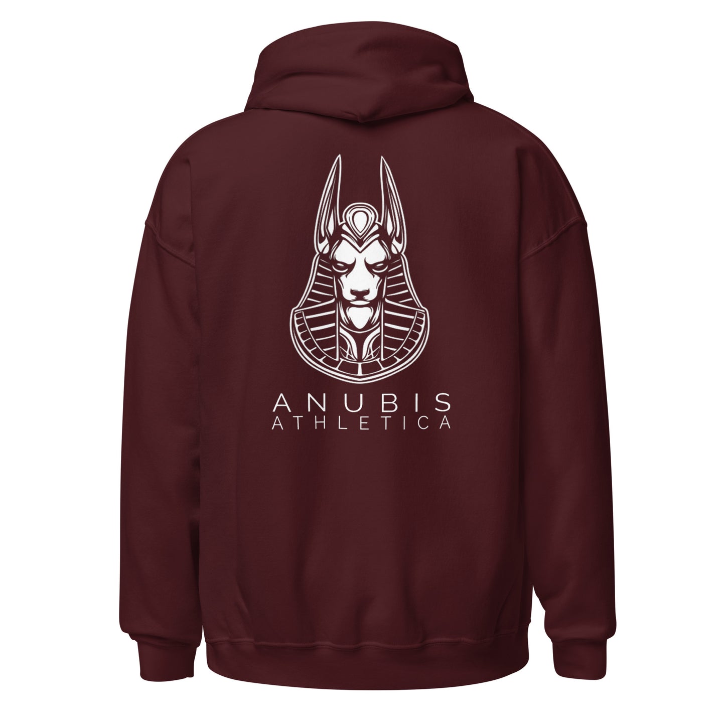 Pull over hoodie sweater with the picture of Anubis and the name Anubis Athletica in white text on the back. Hoodie is color maroon