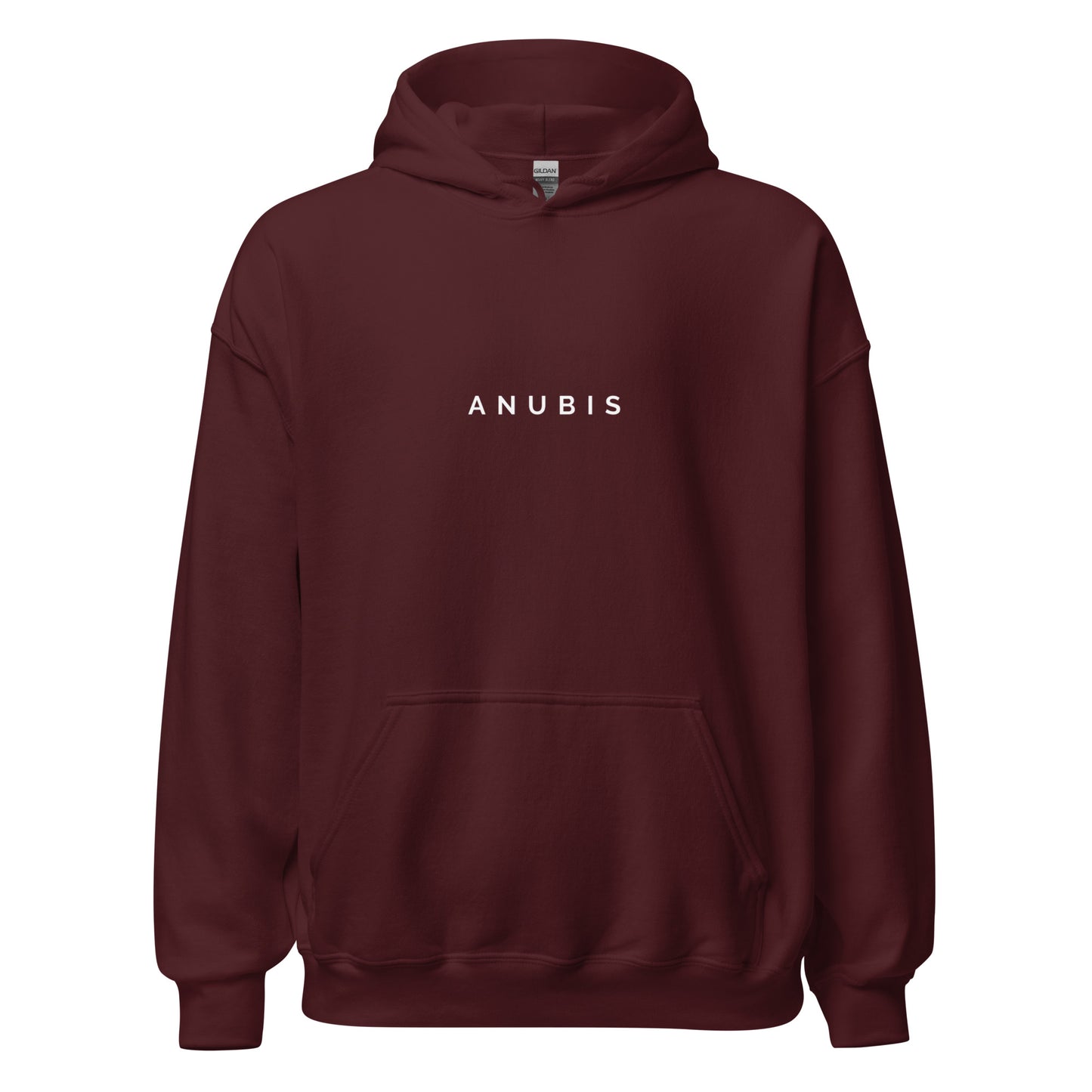 Pull over hoodie with the name Anubis printed in white on the front. Hoodie is color maroon